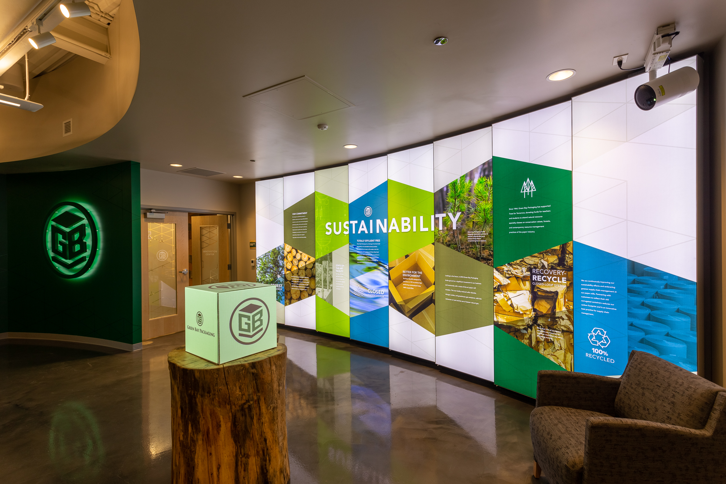 Green Bay Packaging Entry Feature Sustainability Backlit Curved Wall