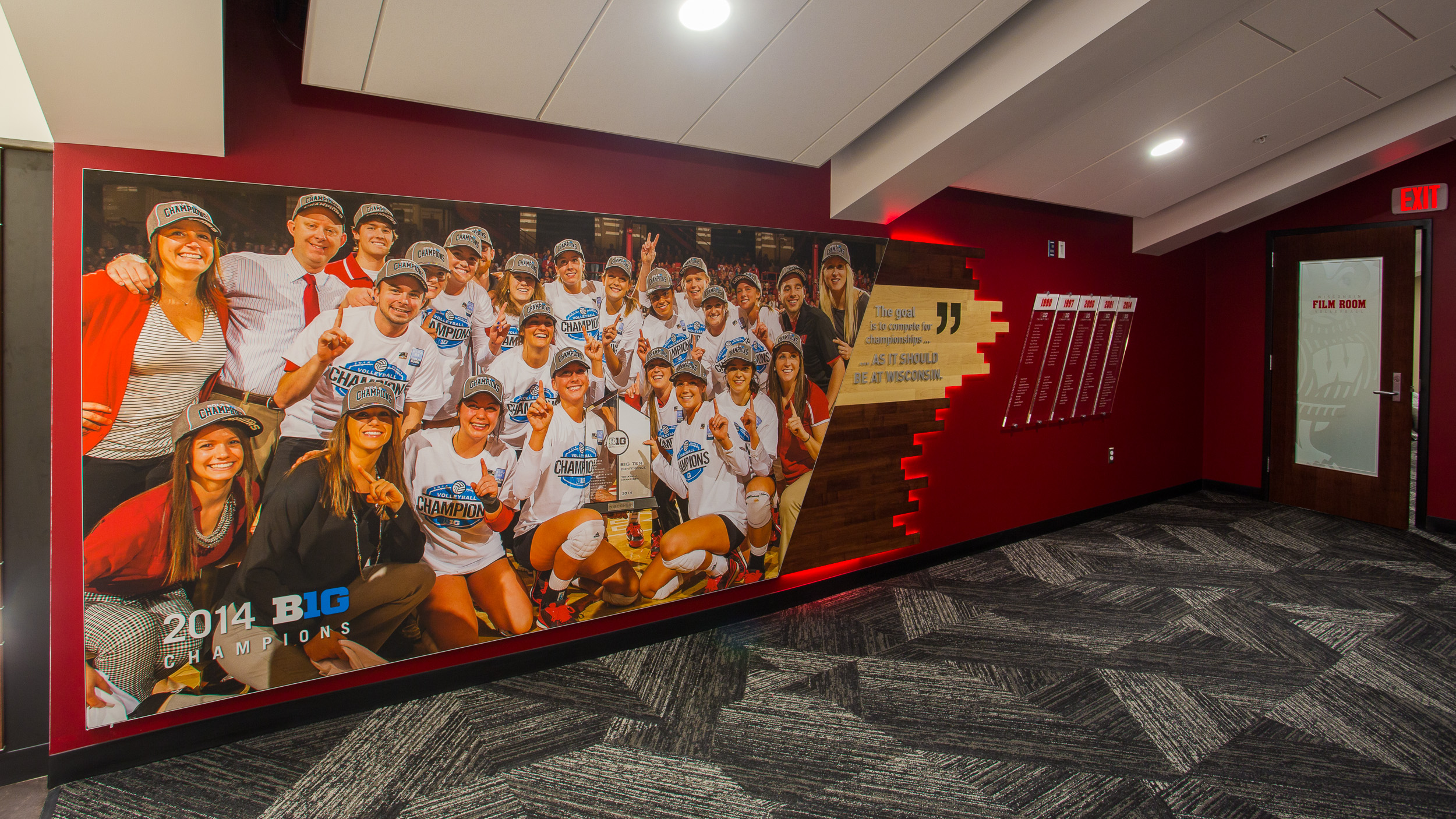 University of Wisconsin - Volleyball Locker Room Feature Wall Backlit Wood Acrylic Lettering Vinyl