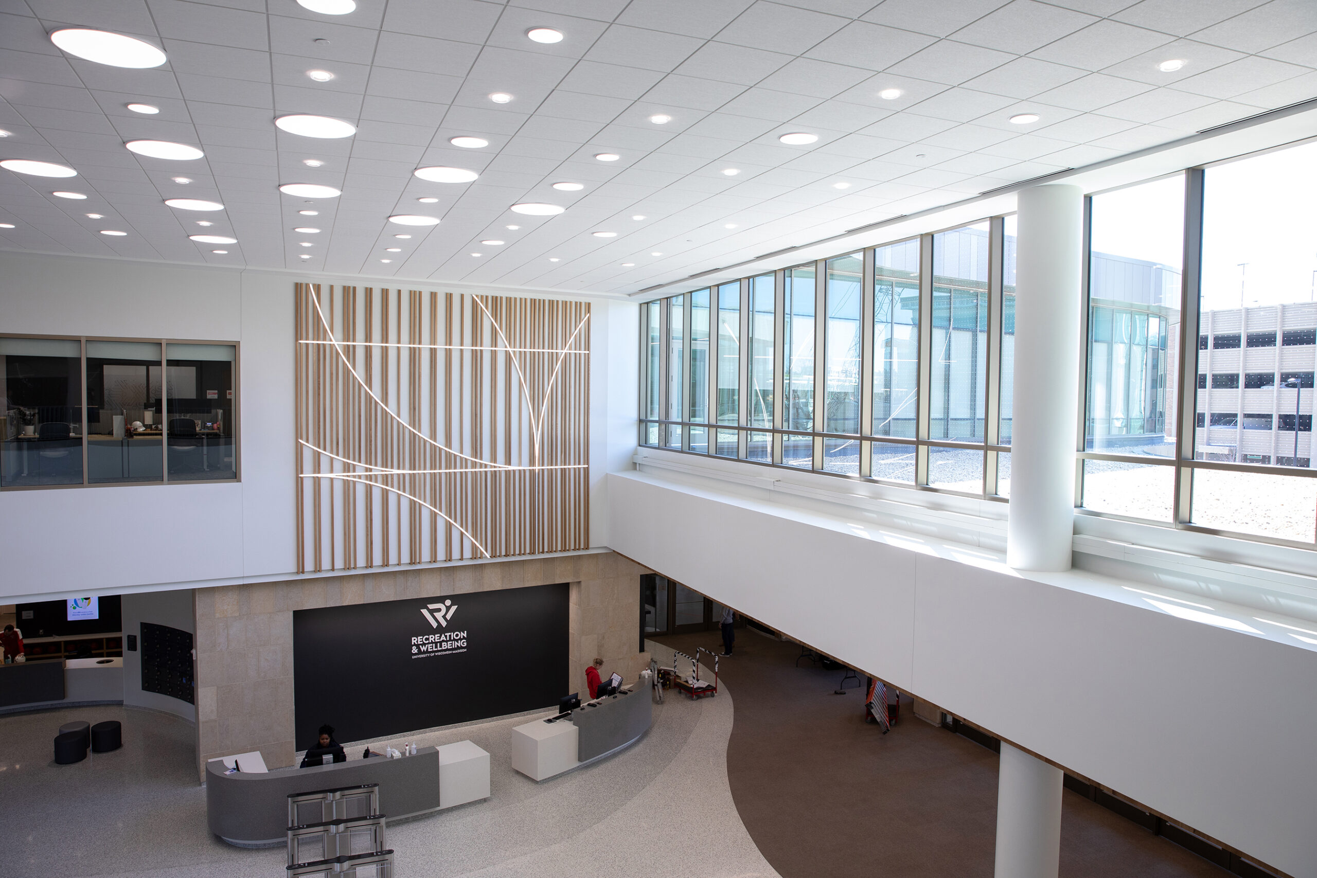 Bakke Recreation & Wellbeing Center Lobby Entrance Feature Wall Wood Slat LED