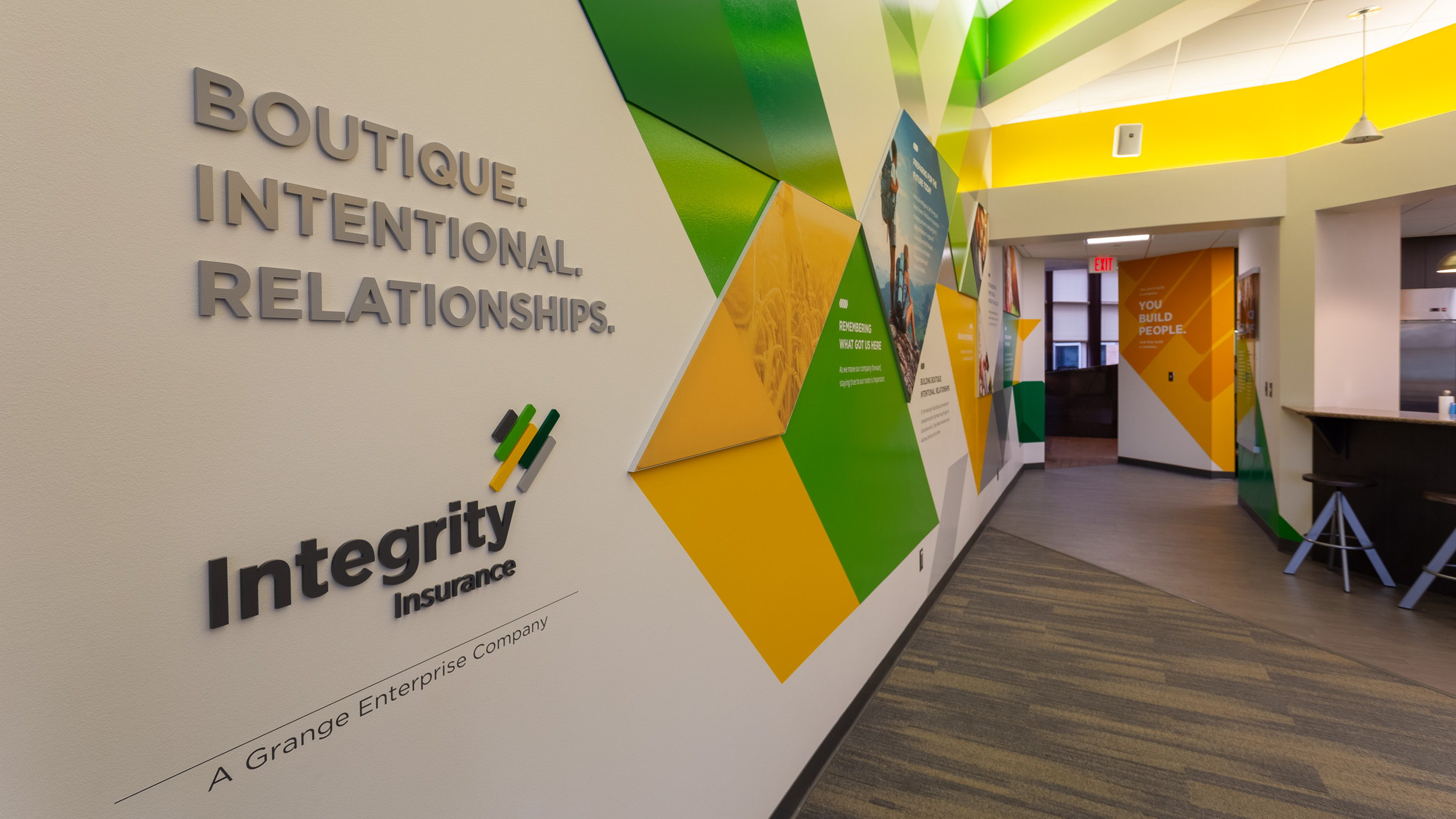 Integrity Insurance Office Cafeteria Feature Wall SEG Frames Dimensional Text Vinyl Detail Photo