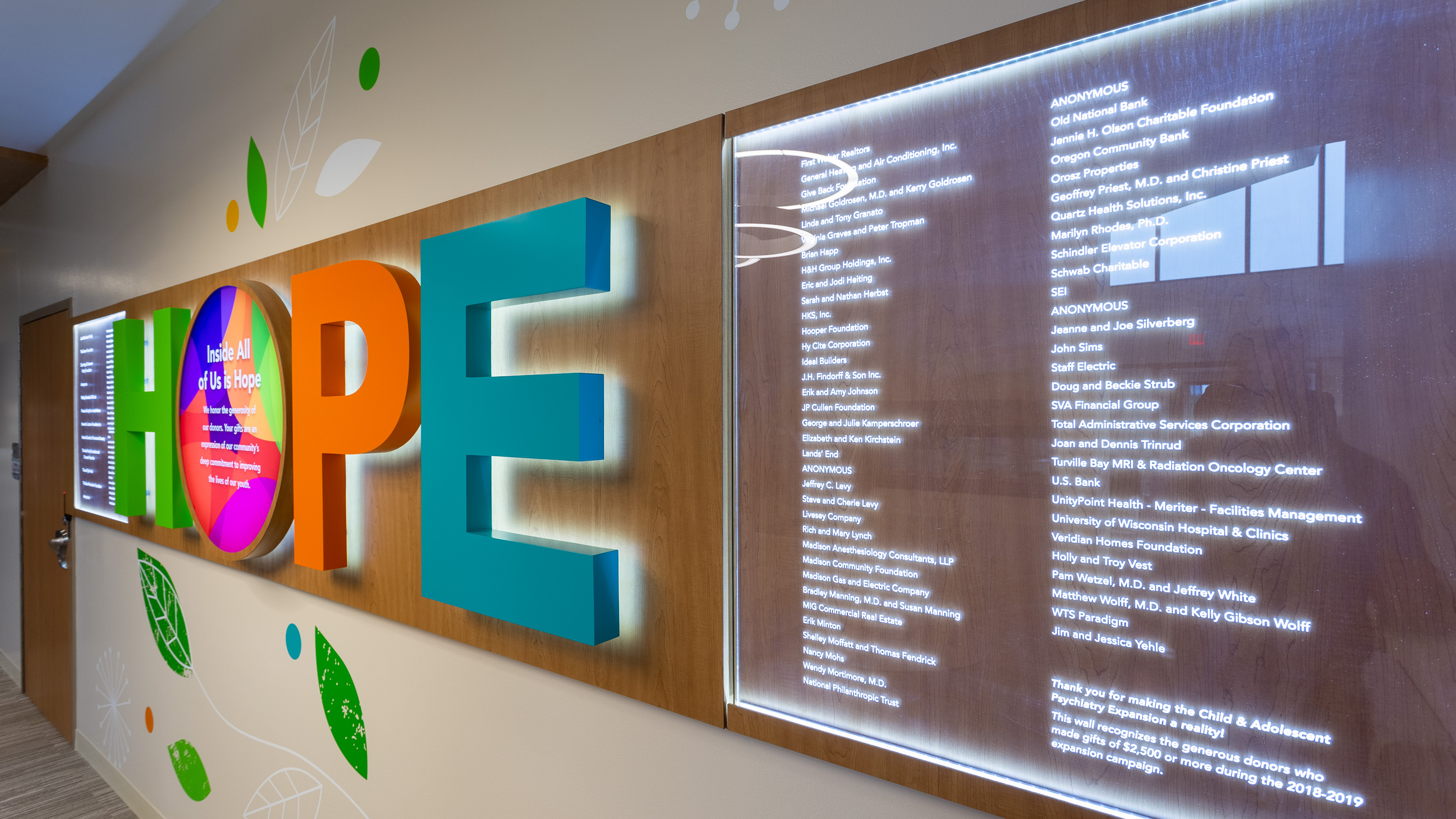 UnityPoint Health Meriter Donor Wall Detail Photo LED Back Lit Dimensional Hope