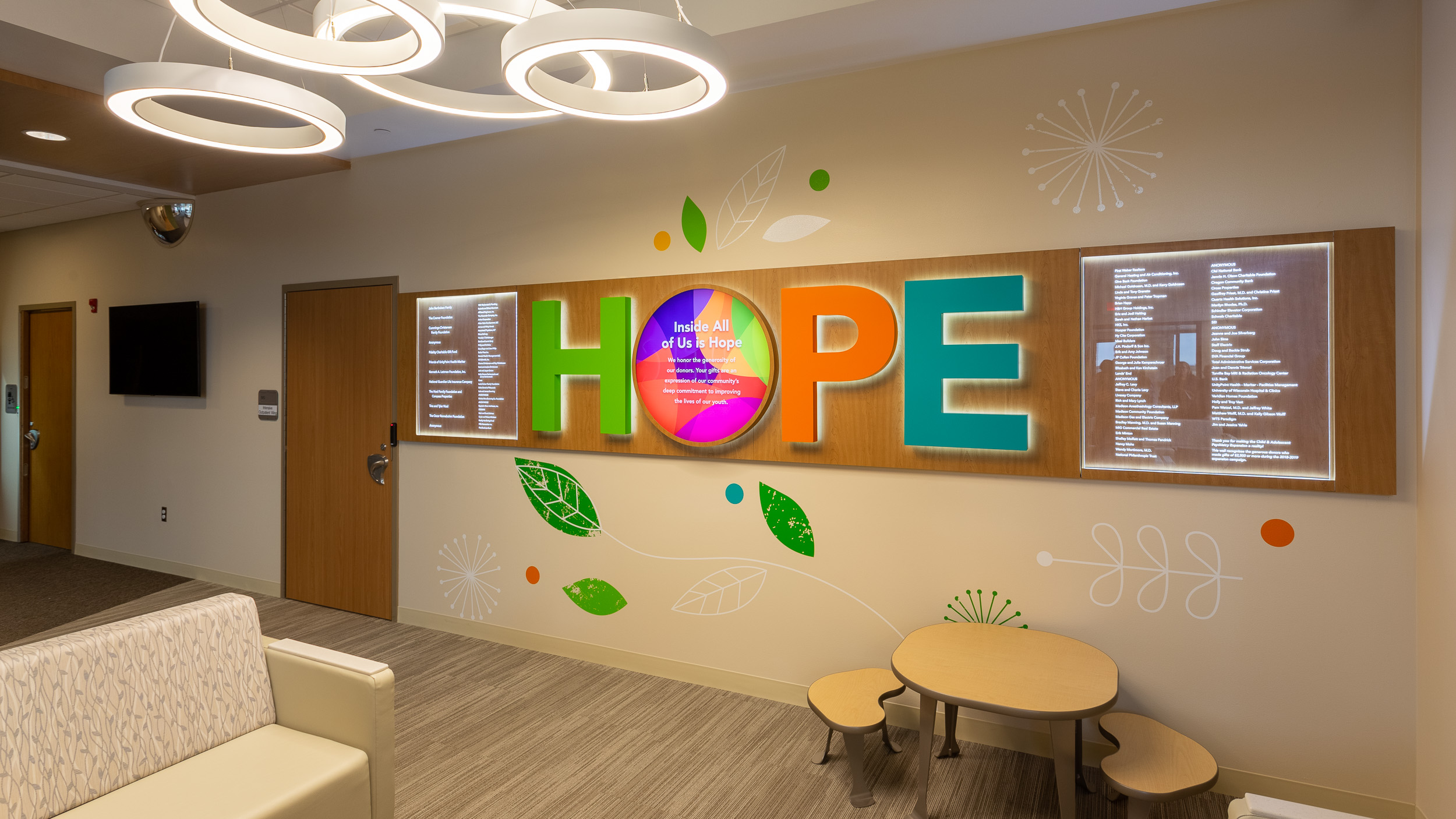 UnityPoint Health Meriter Donor Wall LED Back Lit Dimensional Hope