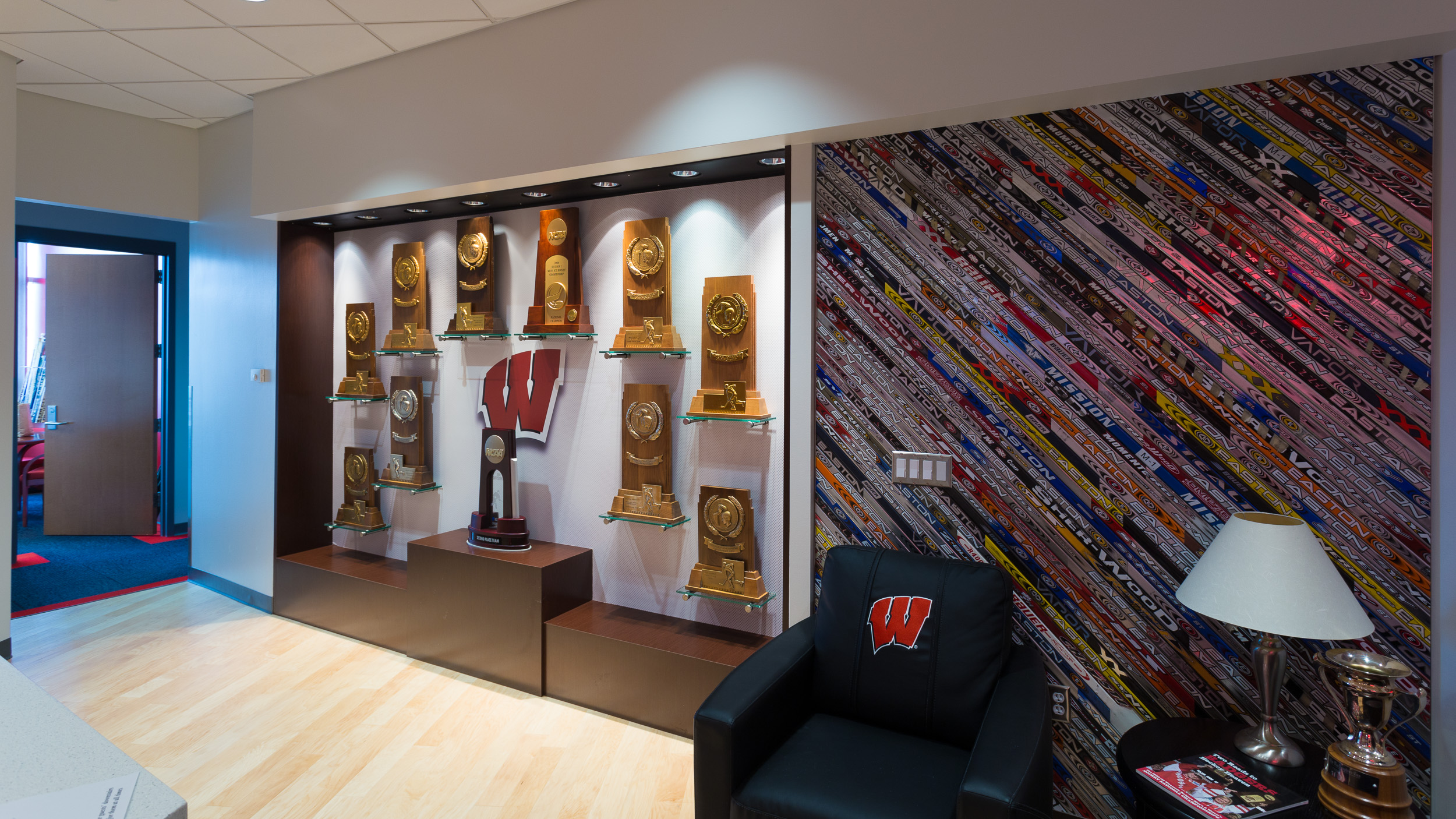 University of Wisconsin - Hockey Offices Trophy Display Feature Wall