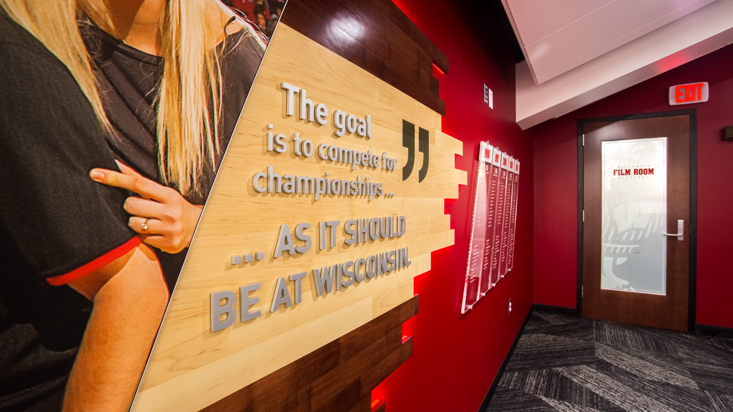 University of Wisconsin - Volleyball Locker Room Feature Wall Backlit Wood Acrylic Lettering Vinyl Detail Photo