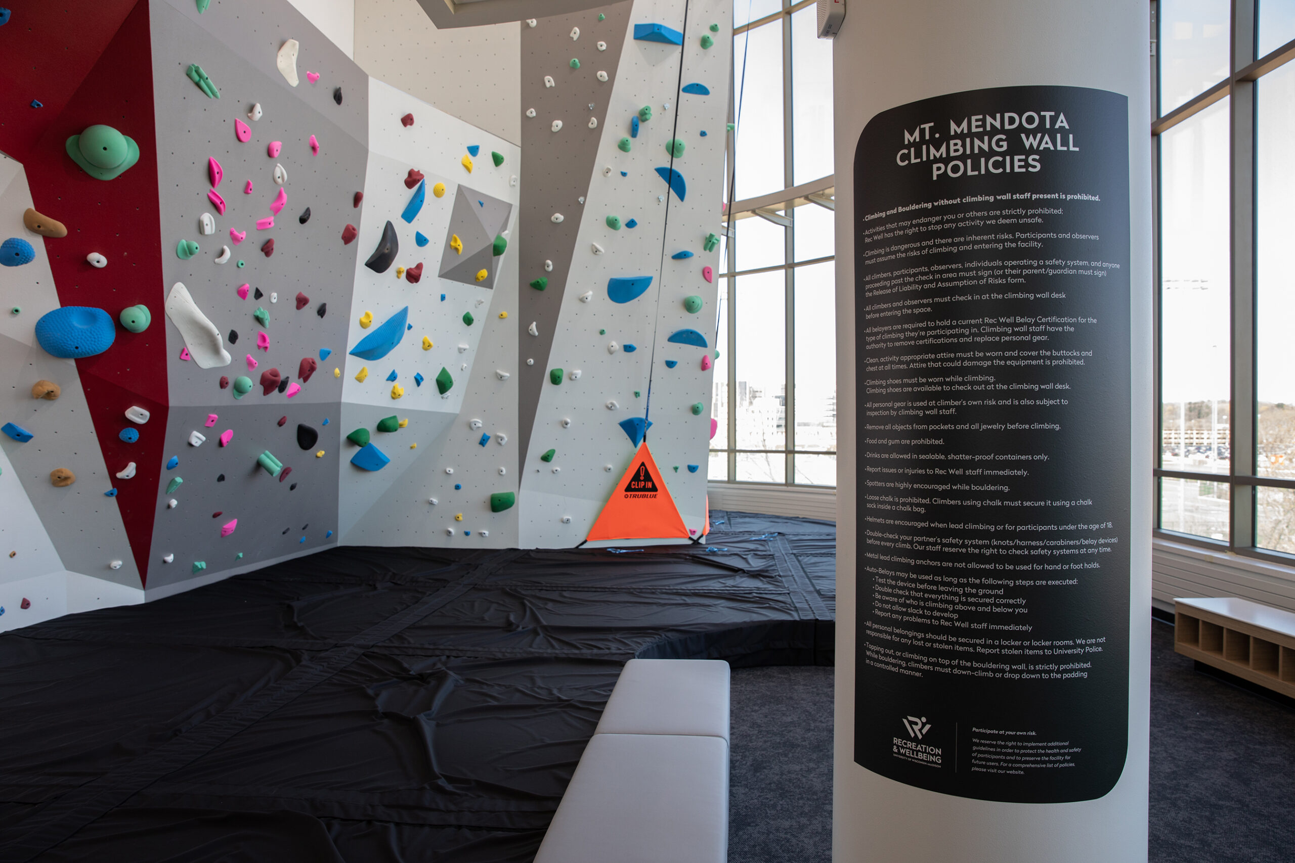 Bakke Recreation & Wellbeing Center Climbing Wall Policies Signage