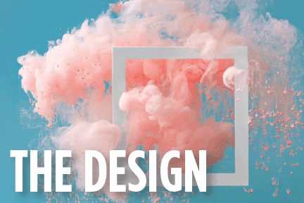 A vibrant image with a soft pink and white cloud-like design framed in a white square, representing creative design elements in print or mail pieces.