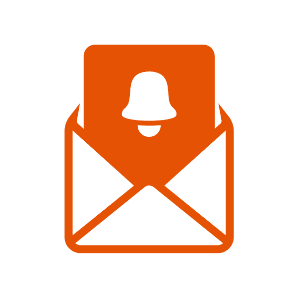 An orange icon depicting an envelope with a bell symbol inside, symbolizing informed delivery notifications through mail.