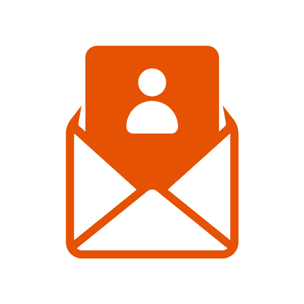 An orange icon showing an envelope with a person silhouette inside, representing lead matching capabilities with mail.