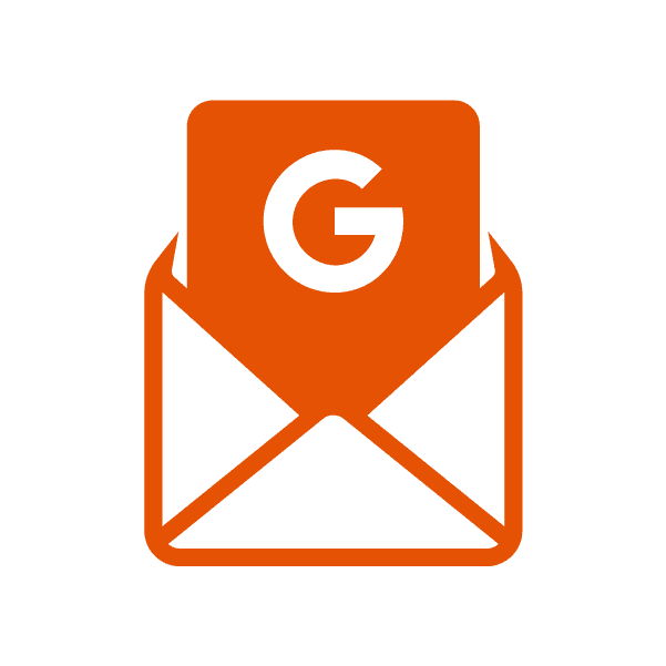 An orange icon featuring an envelope with a 'G' inside, representing online follow-up actions through Google or other platforms.