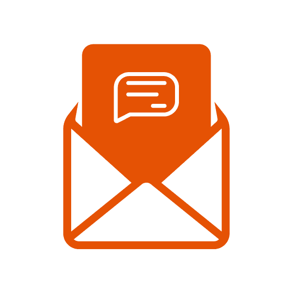 An orange icon displaying an envelope with a text bubble inside, representing text message tracking through mail campaigns.