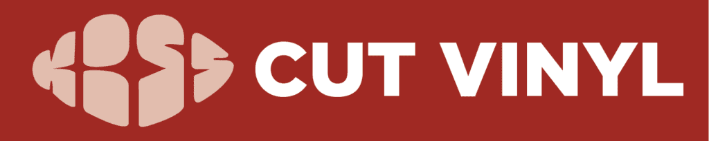 The phrase 'Cut Vinyl' in bold, white letters on a red background, accompanied by a vinyl cutting tool icon.