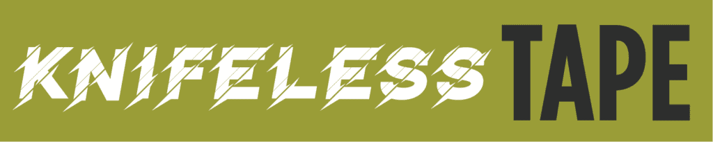 The words 'Knifeless Tape' in bold, white letters on an olive green background, with a stylized cut design through the text, representing cutting without a knife.