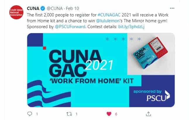 CUNA GAC tweet promoting a Work from Home kit and a chance to win Lululemon’s Mirror home gym, sponsored by PSCU.