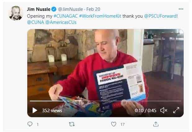 Jim Nussle tweeting a video while unboxing his CUNA GAC Work from Home kit, thanking PSCU.