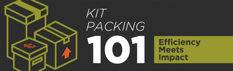 Graphic banner titled 'Kit Packing 101: Efficiency Meets Impact' with illustrated boxes, emphasizing organized and effective kit packaging strategies.