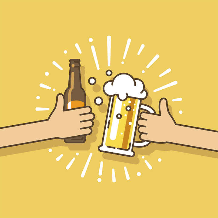 Illustration of two hands clinking a beer bottle and a beer mug together, celebrating with cheers.