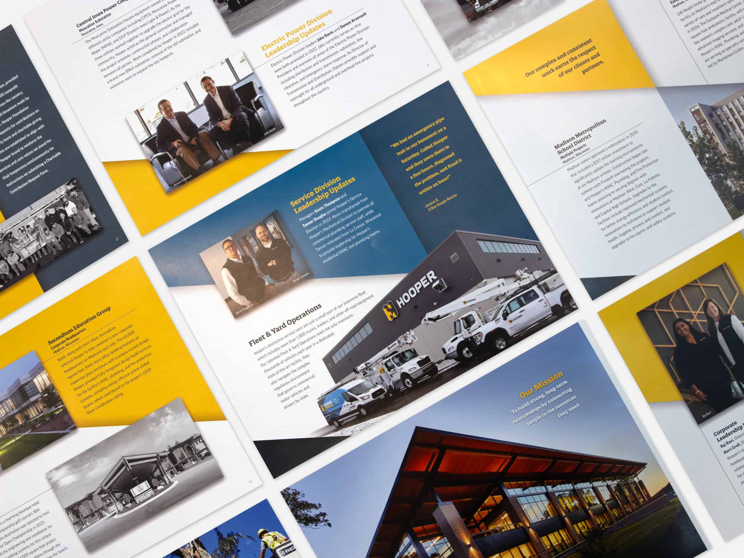 Hooper - Brochure A collection of professionally designed brochure spreads for Hooper, featuring a bold yellow and navy blue color scheme. The layouts include a mix of text, images, and geometric design elements, showcasing leadership updates, company values, and project highlights.