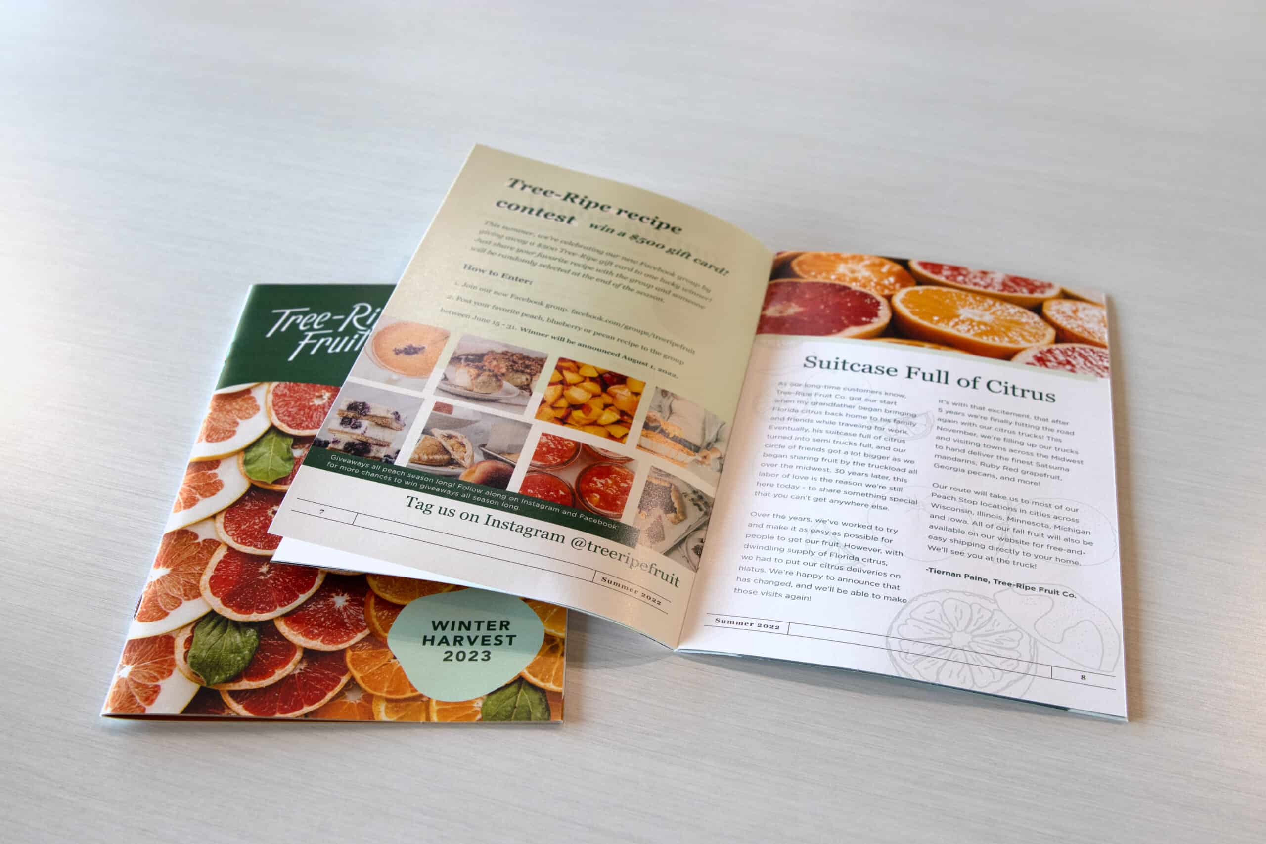 Tree Ripe - Booklet A printed booklet for Tree-Ripe Fruit Co., featuring a colorful cover with fresh citrus imagery and an interior spread containing a recipe contest, customer stories, and high-quality product photography. The design has a warm, inviting tone that aligns with the brand’s fresh and natural aesthetic.