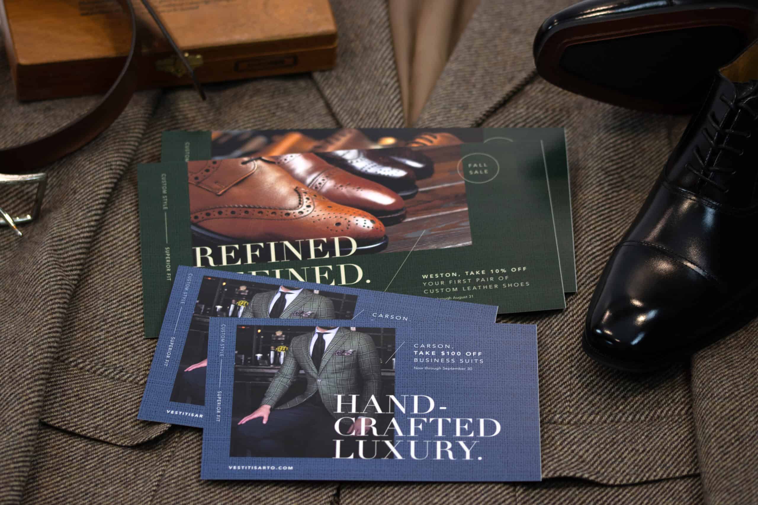 Luxury promotional postcards for custom leather shoes and business suits are arranged on a brown tweed suit. The green card features brown leather brogue shoes with the text 'REFINED. DEFINED.' and a fall sale offer. The blue card showcases a man in a green plaid suit, with the text 'HAND-CRAFTED LUXURY.' offering a discount on business suits. Surrounding the cards are a polished black dress shoe, a leather belt with a silver buckle, and a wooden box, creating a sophisticated and elegant aesthetic.