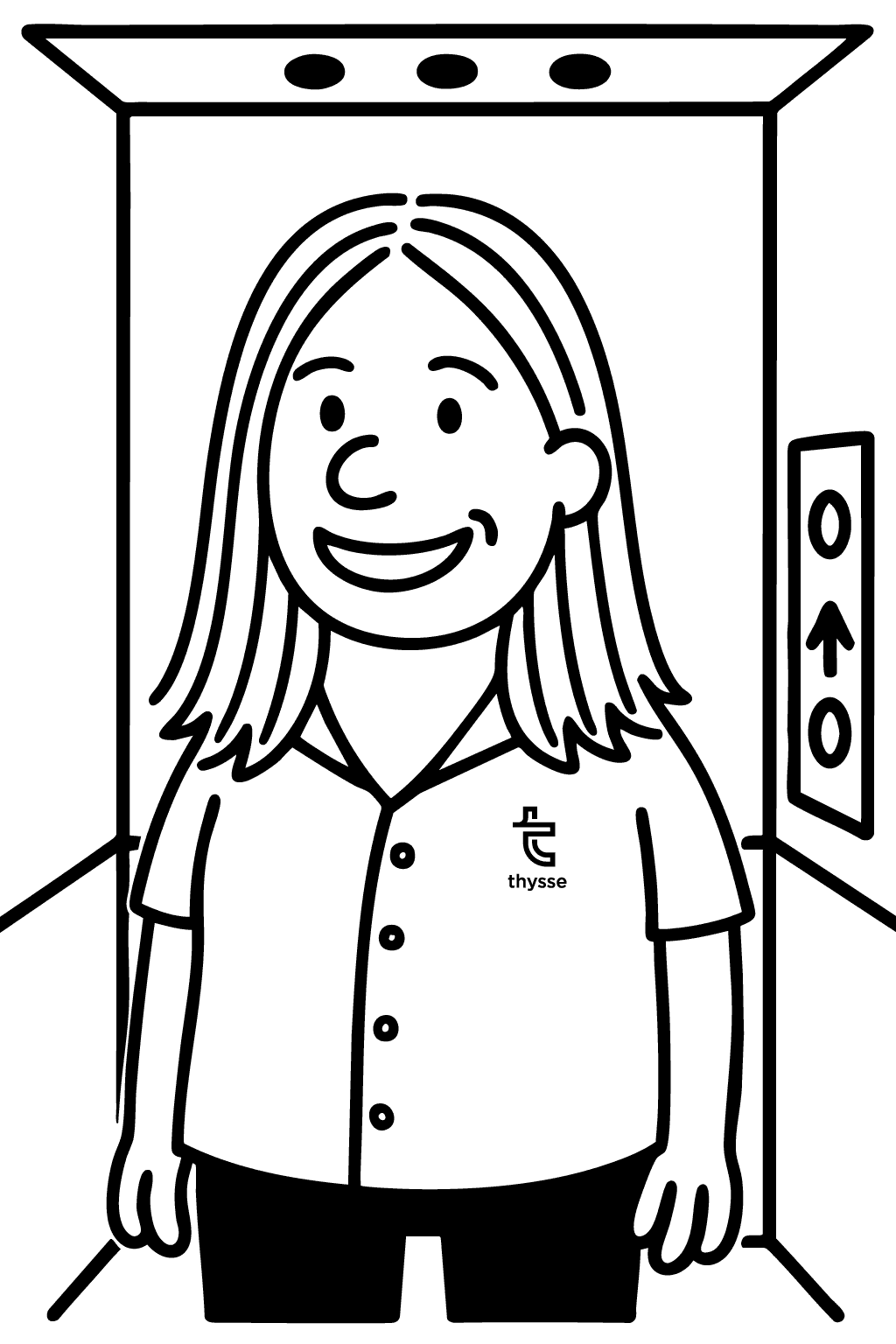 Cartoon illustration of Emmy Lyons smiling inside an elevator, wearing a Thysse shirt, with elevator buttons shown in the background.