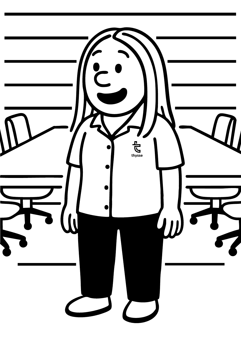 Cartoon-style drawing of Emmy Lyons standing in a Thysse-branded shirt inside a conference room, surrounded by chairs and tables.