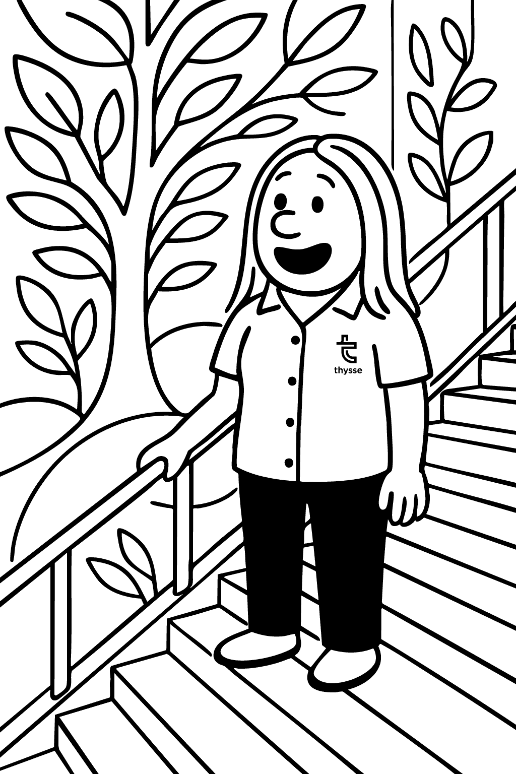 Cartoon Emmy Lyons standing in a decorated stairwell with illustrated leaves on the wall, showcasing wide format graphics in a themed environment.