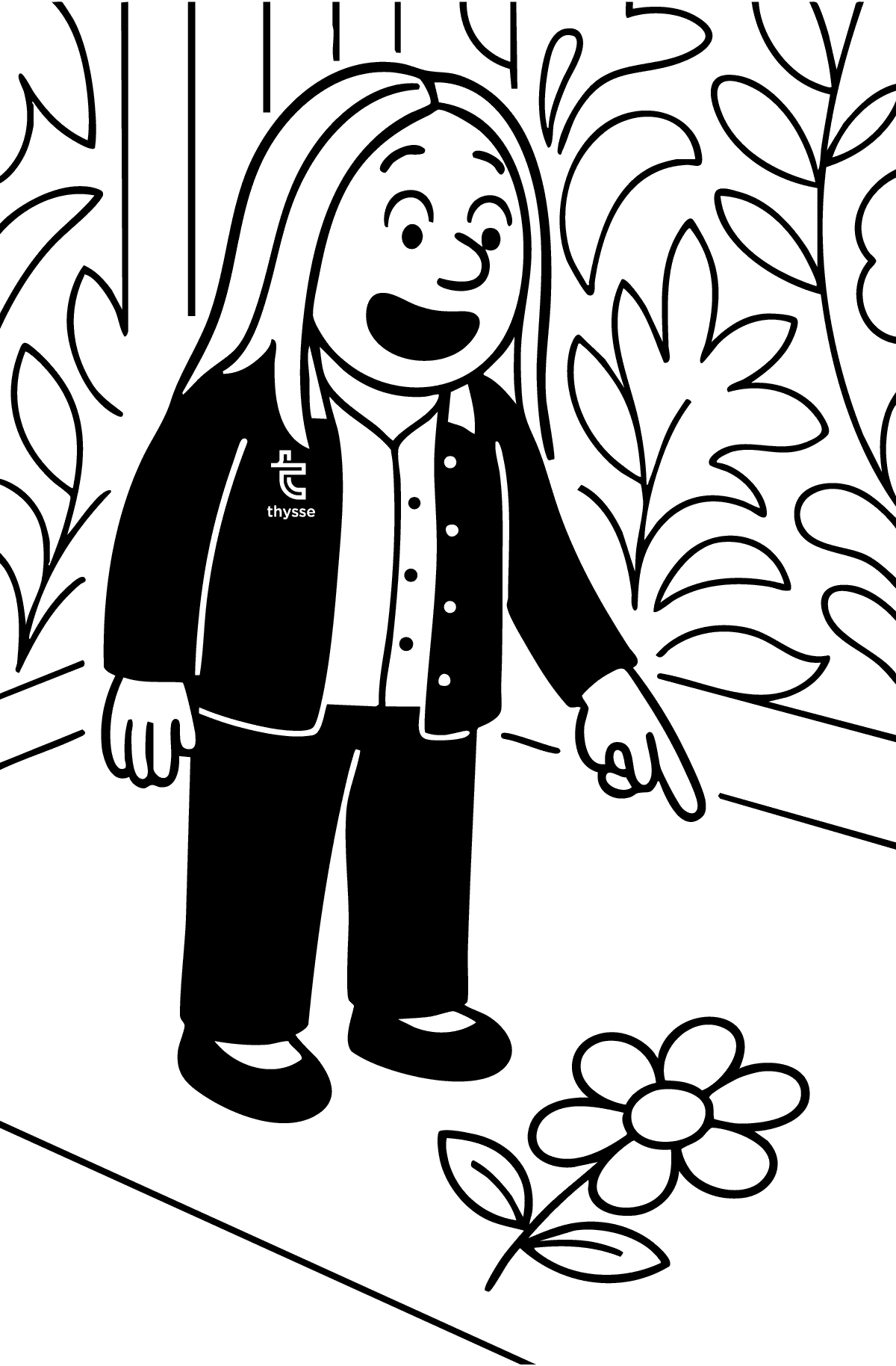 Cartoon version of Emmy Lyons pointing to a flower floor graphic in a leafy setting, demonstrating a custom floor installation.