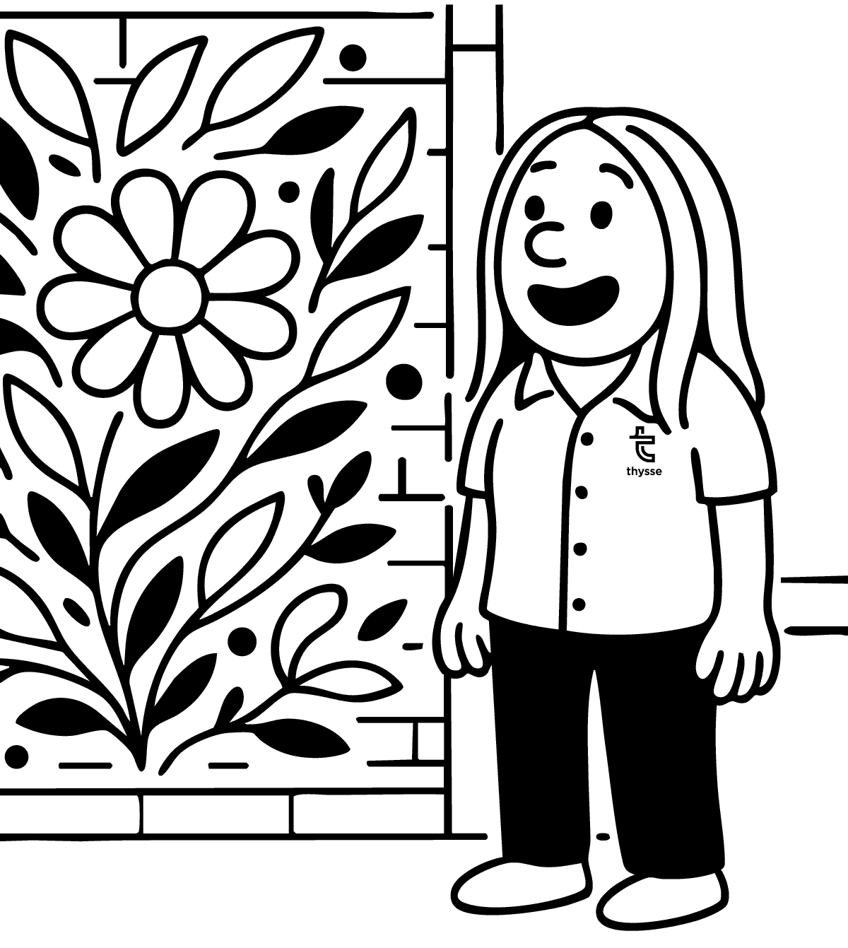 Illustration of Emma Lyons standing next to a floral wall graphic, representing custom wallpaper design in a branded space.