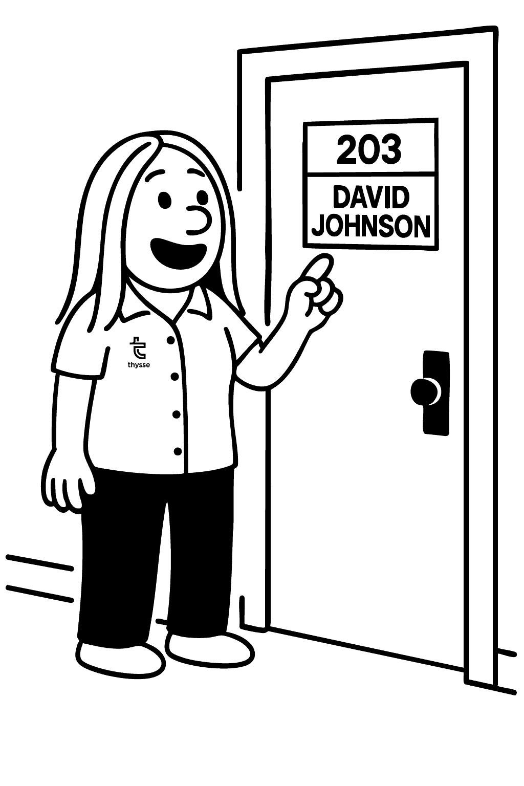 Cartoon Emmy Lyons pointing to a wayfinding room sign labeled “203 David Johnson,” highlighting signage for office navigation.