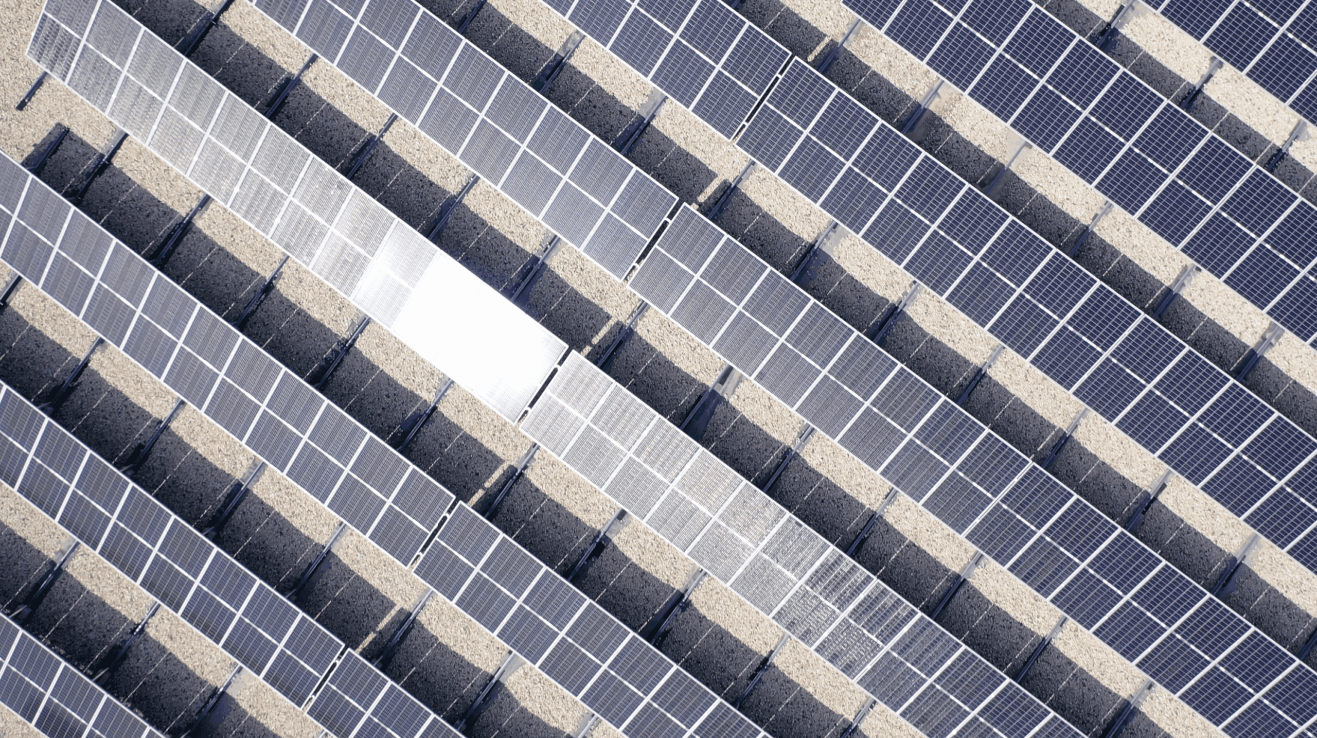 Aerial view of solar panels installed in angled rows on the rooftop of Thysse, a commercial printer in Oregon, Wisconsin. One panel reflects bright sunlight amid uniform grid patterns.