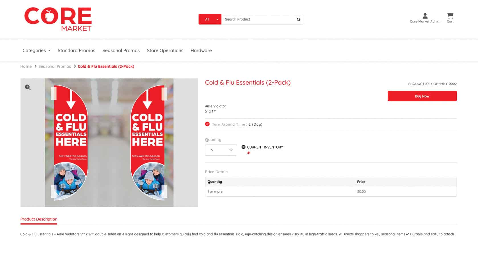 Screenshot of a Thysse brand portal product page for Core Market, showing a “Cold & Flu Essentials” aisle violator 2-pack. The red, double-sided signs read “Cold & Flu Essentials Here” with downward arrows and a circular photo of bundled-up children. Product details include dimensions (5