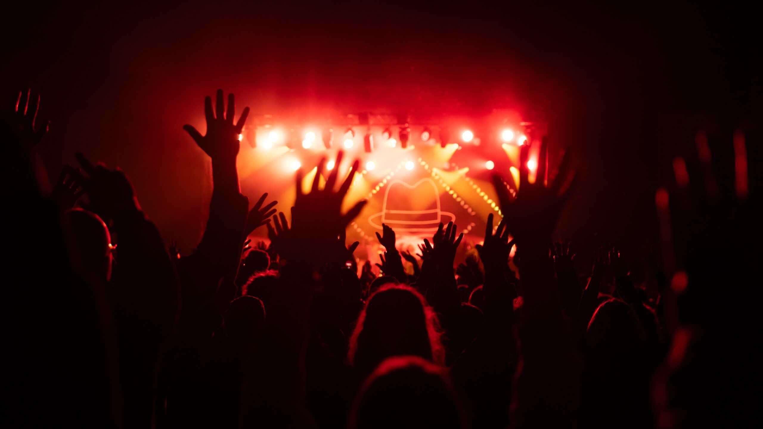 Cheering audience at some concert, backlit, red background