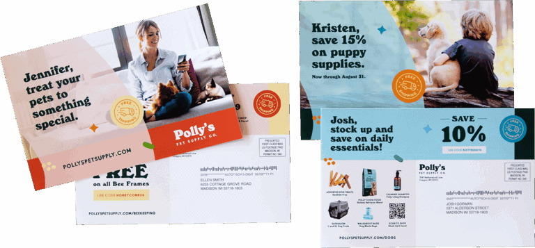 Personalized direct mail postcards with customer names and pet supply offers, demonstrating advanced variable data printing.