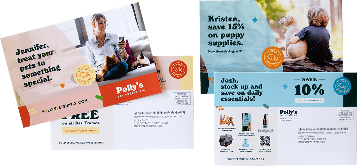 Personalized direct mail postcards with customer names and pet supply offers, demonstrating advanced variable data printing.