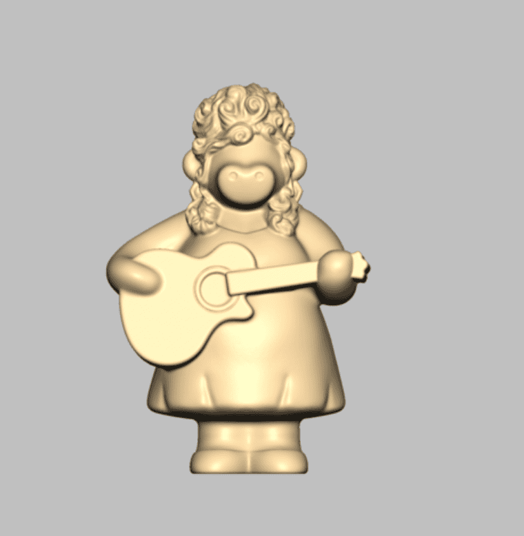 Monochrome digital 3D model of the Cowly Parton figurine showing front view details including curled hair, a guitar, and a dress.