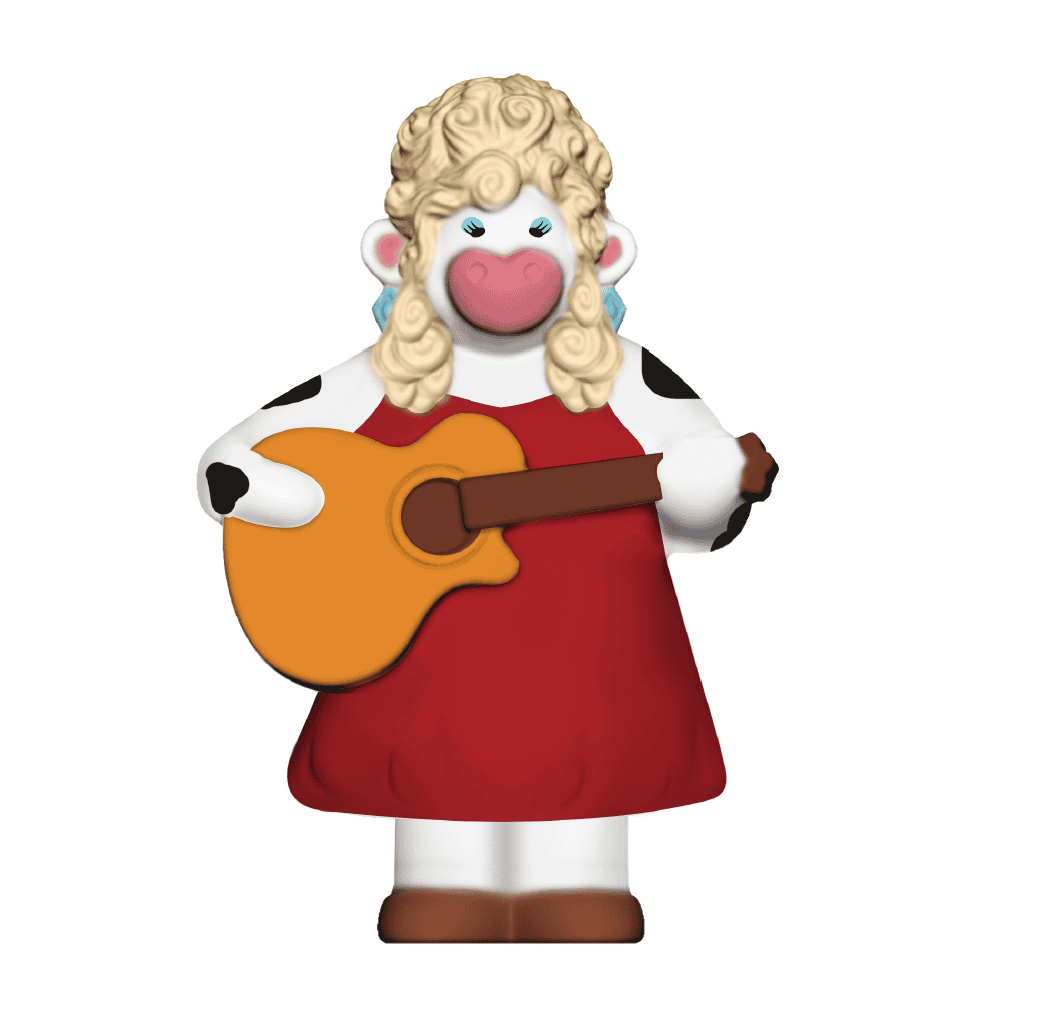 Rendered image of a custom stress-relief cow figurine designed to resemble Dolly Parton, featuring curly blonde hair, blue earrings, a red dress, and an orange acoustic guitar.