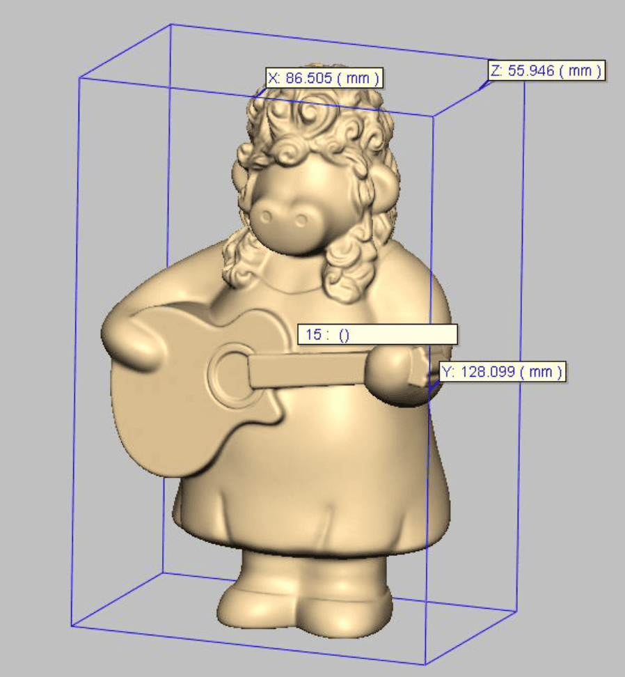 3D model of the Cowly Parton figurine with dimensional overlays, showing height, width, and depth measurements in millimeters.