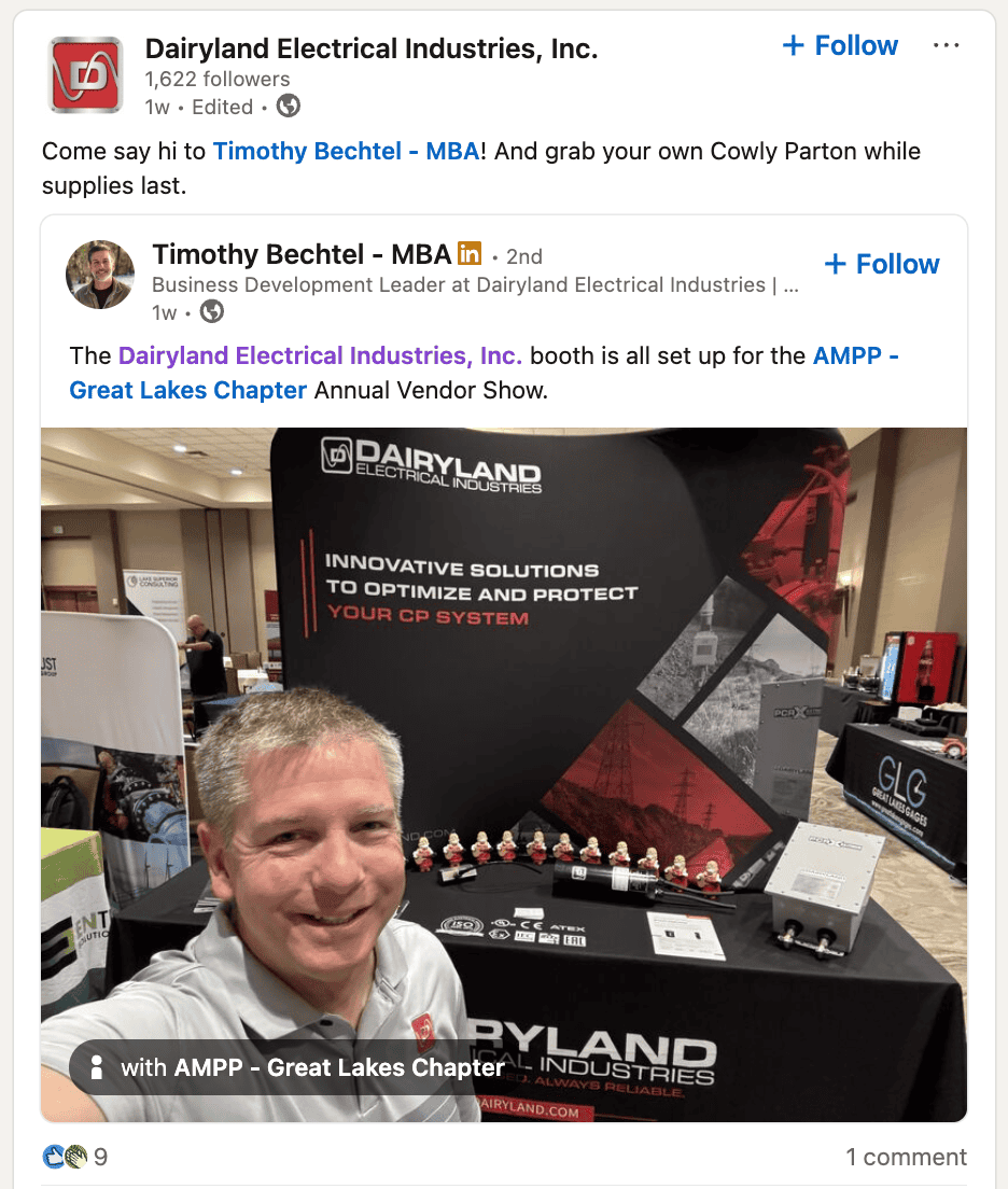 Dairyland’s vendor show booth featuring a full lineup of Cowly Partons and Timothy Bechtel welcoming attendees