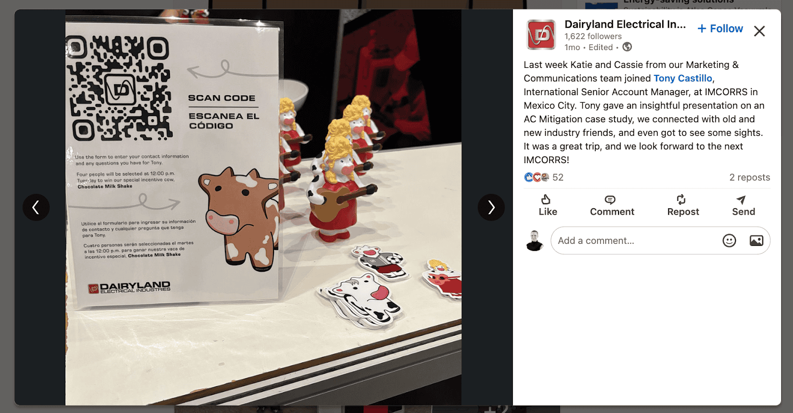 QR code contest sign and Chocolate Milk Shake cow figure on display at Dairyland's IMCORRS booth