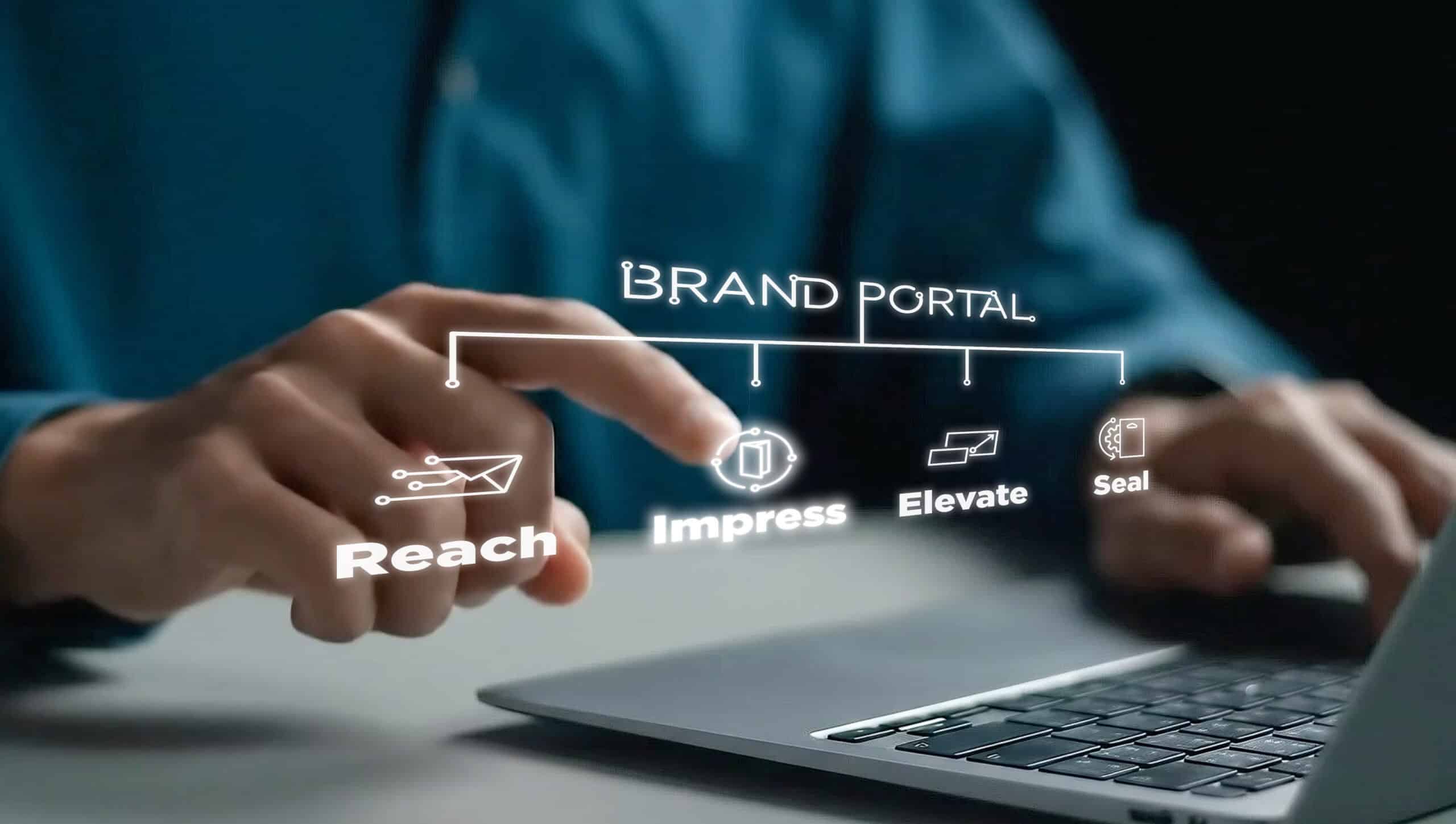 A person points toward a holographic-style digital interface above a laptop keyboard showing Thysse’s Brand Portal with four connected tools labeled Reach, Impress, Elevate, and Seal.
