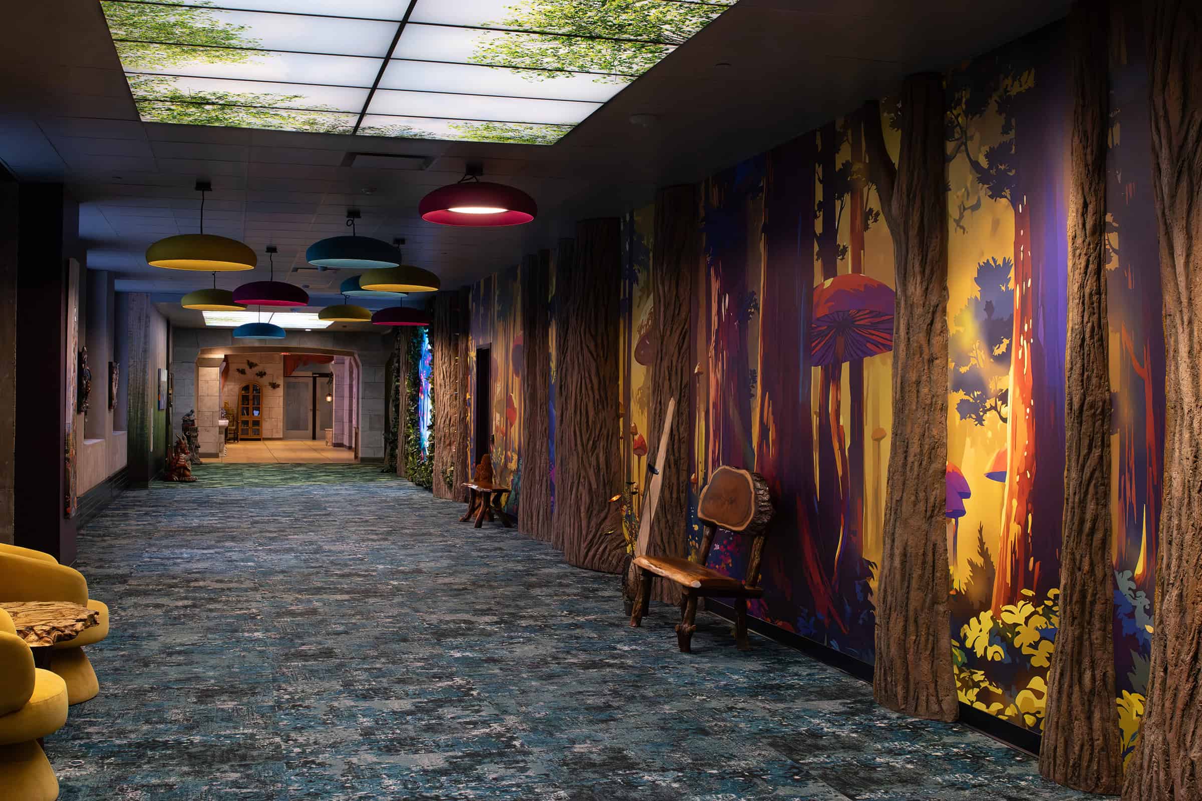 Custom Building Design Mushroom Wallpaper and Backlit Ceiling Panels