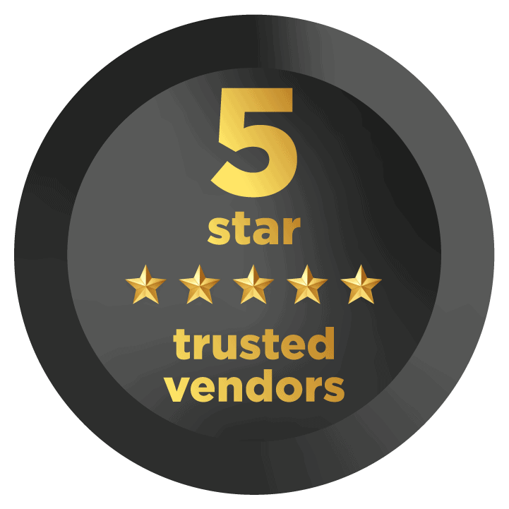 Five-star trusted vendors badge with gold stars on a dark circular background