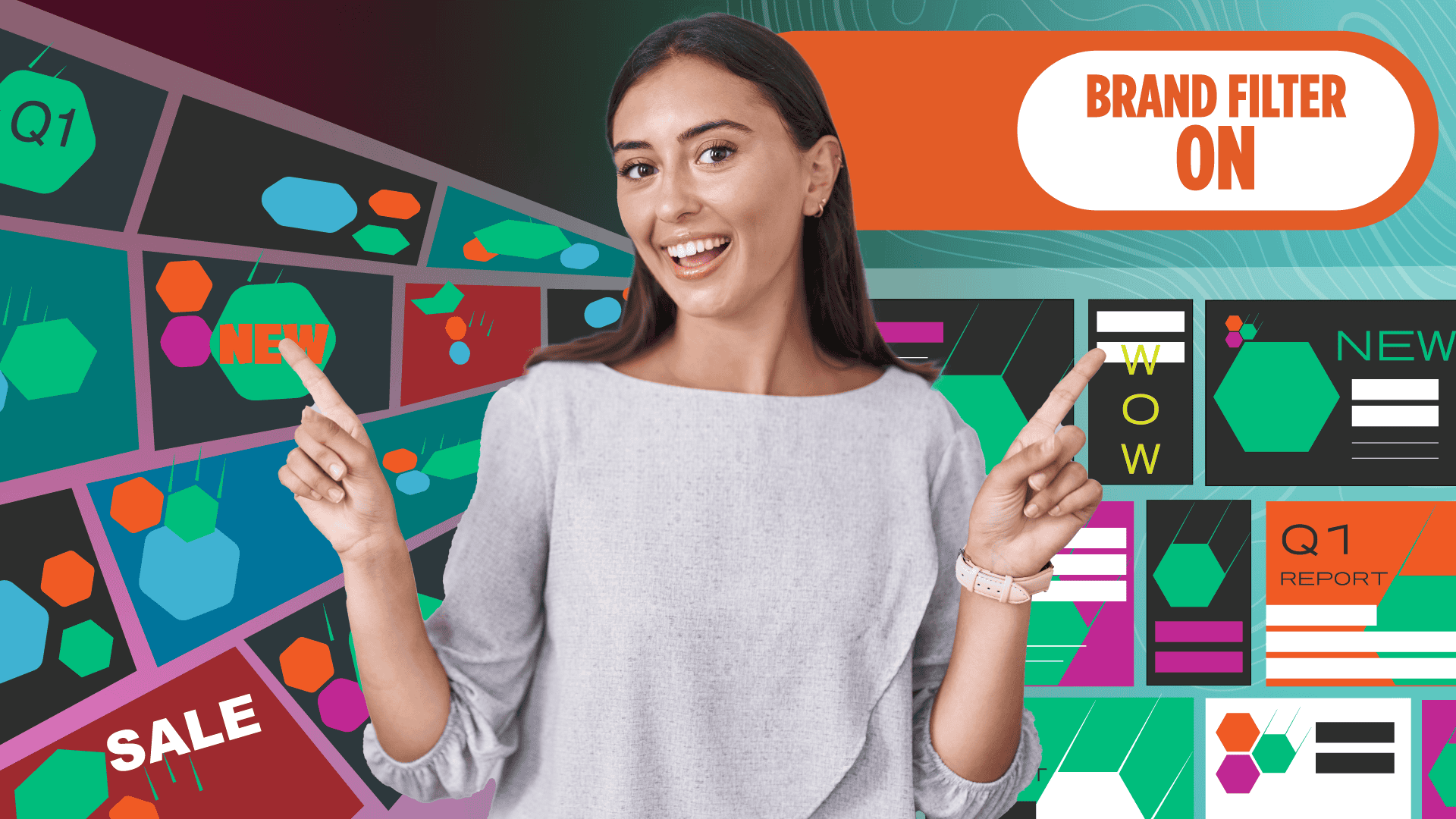 Woman pointing at a chaotic mix of mismatched branded graphics labeled “NEW,” “SALE,” and “Q1,” contrasted with a clean, consistent layout under a “Brand Filter ON” banner.
