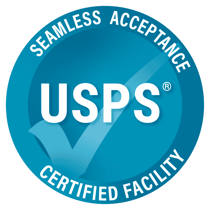 USPS Seamless Acceptance certified facility badge with checkmark in blue circle