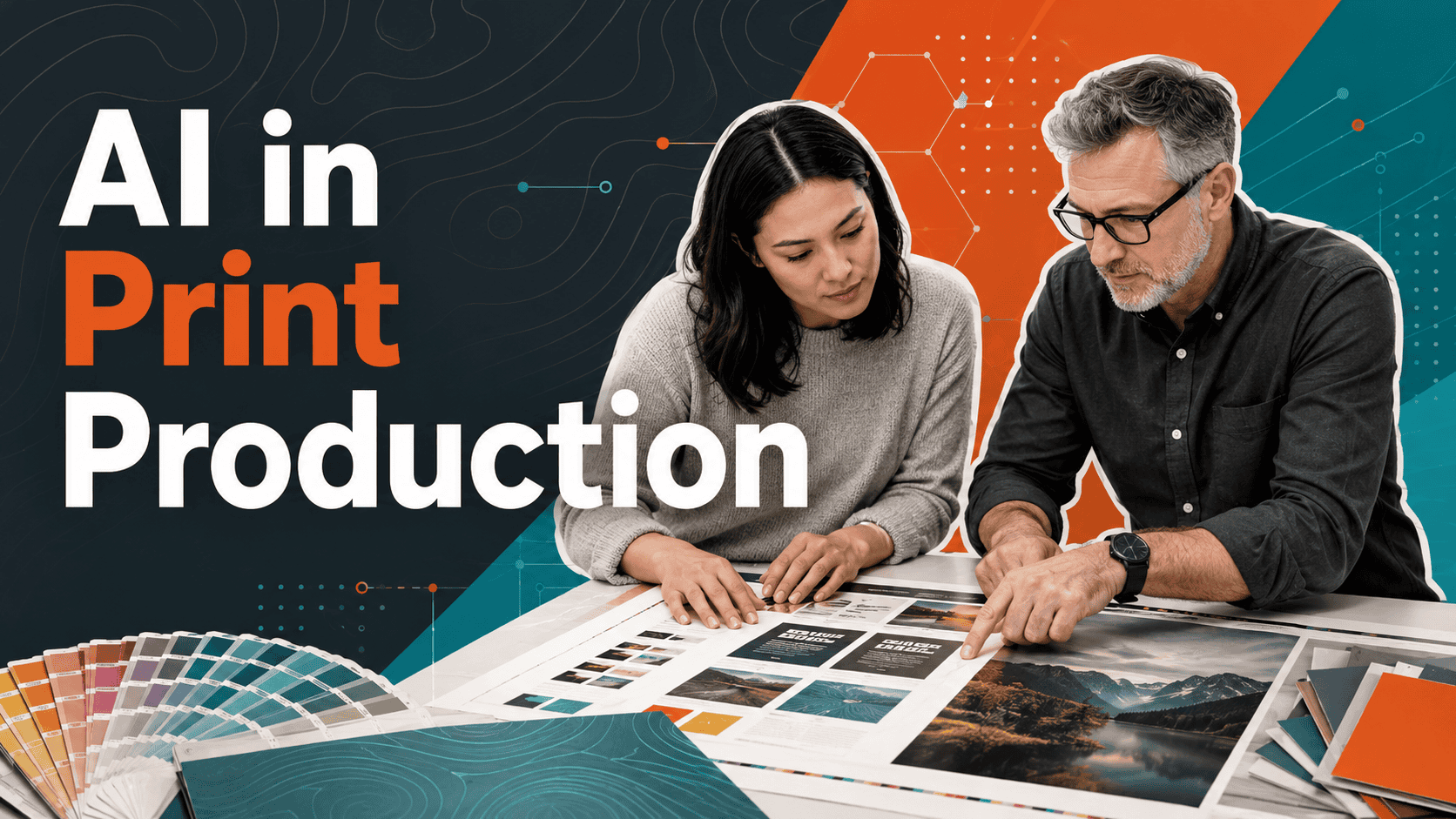 Designer and print production expert reviewing printed proofs with color samples and abstract data-inspired graphics.
