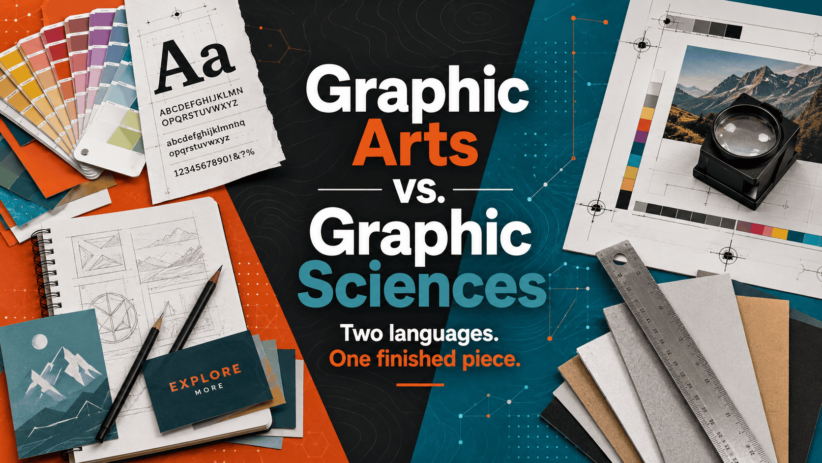 Split visual showing creative design tools and technical print production materials coming together into one finished piece.