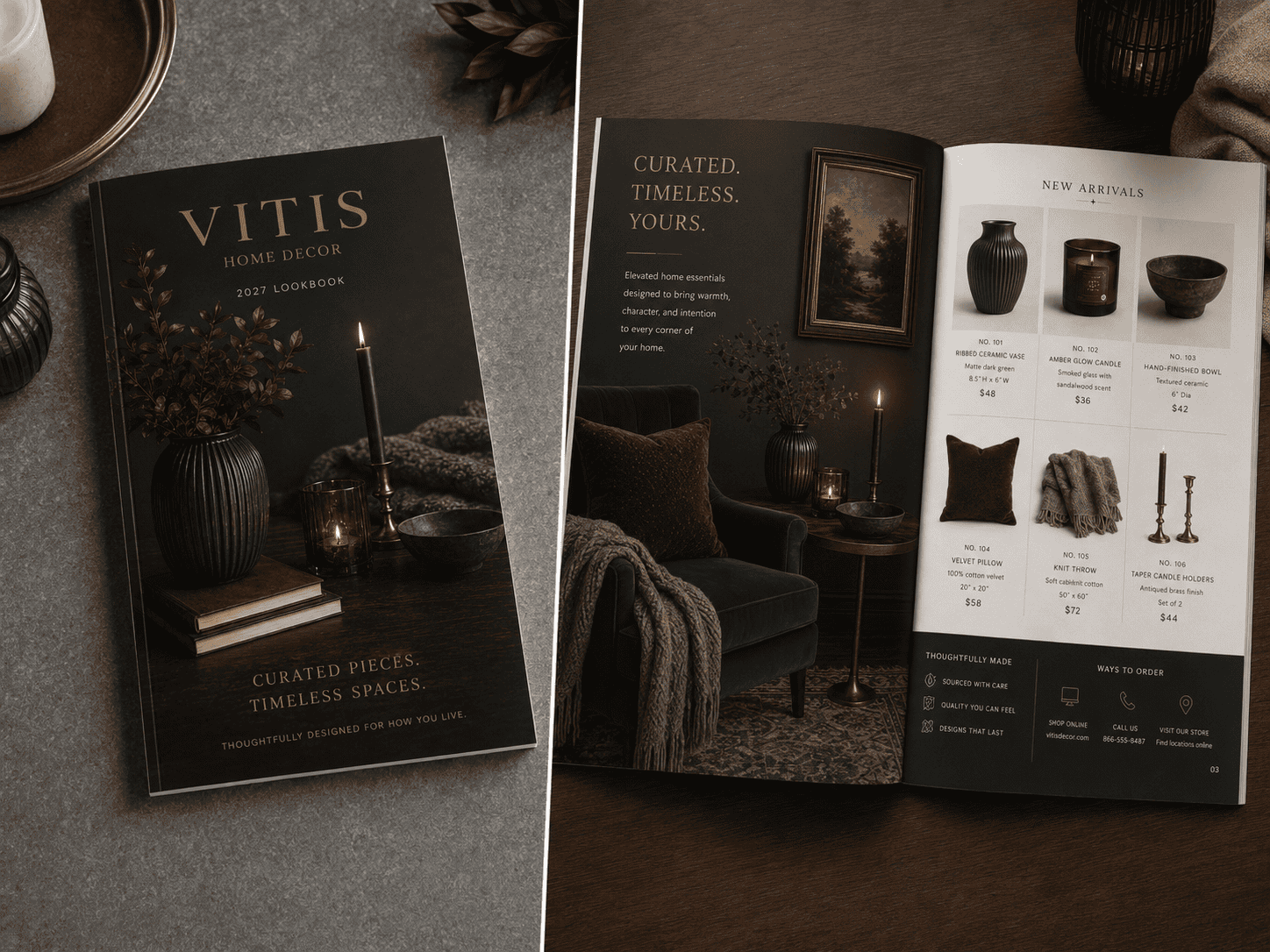 Split-screen tabletop mockup of the Vitis Home Decor 2027 Lookbook, with a perfect-bound catalog cover on the left and an open product spread on the right. The dark, moody design features jewel-toned home décor, including a ribbed vase, candle, bowl, velvet pillow, knit throw and taper candle holders, with product descriptions, pricing and ordering details.