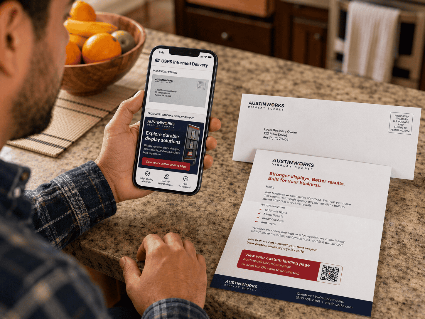 A person at a kitchen counter viewing a USPS Informed Delivery preview on a phone beside an AustinWorks Display Supply prospecting letter and envelope. The digital preview includes a campaign image and button linking to a custom landing page for durable display solutions.
