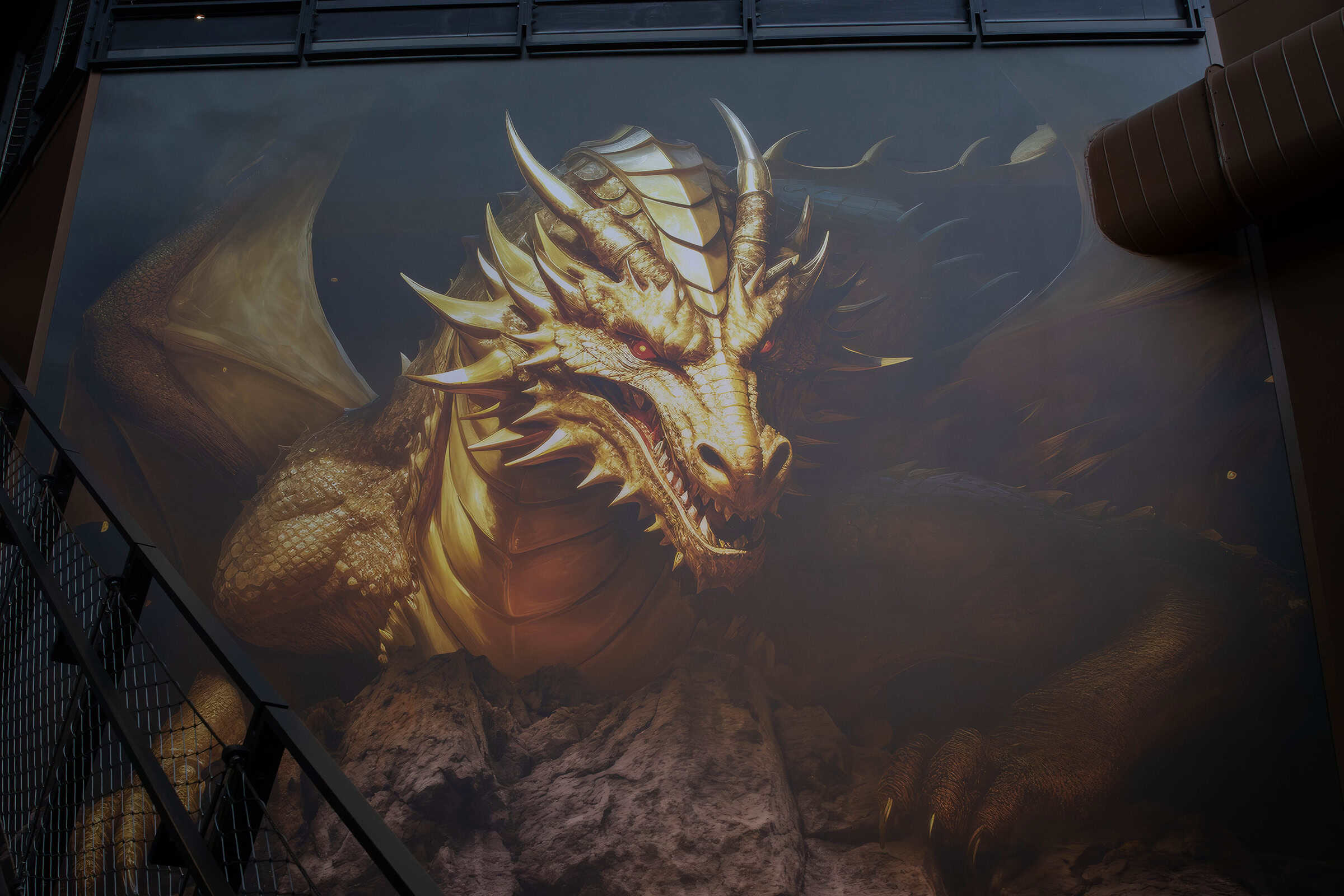 Fantasy-inspired wallcovering along escalator corridor