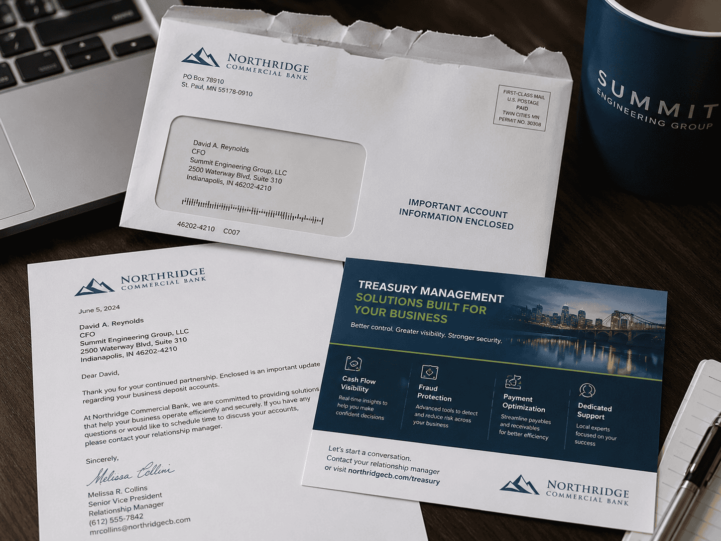 A First-Class Mail business letter from a commercial bank sits on a desk with a matching window envelope and a treasury management advertising insert for business customers.